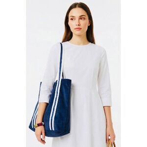 VS Pink Navy Blue Corduroy Tote Bag Striped Straps Zip Top NWT